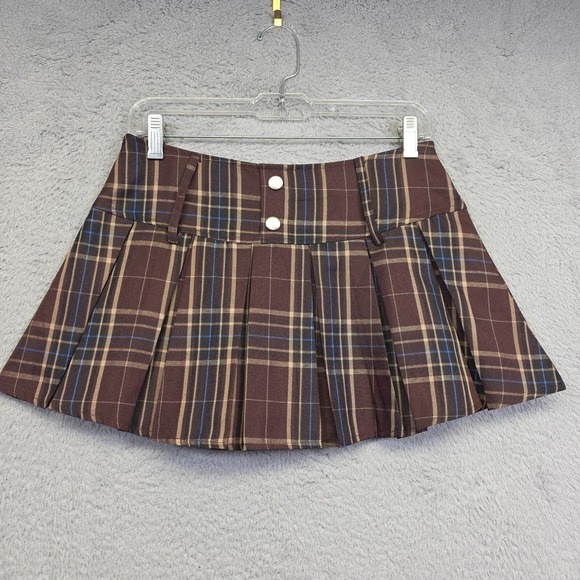 Romwe Micro Mini Skirt Womens‎ 4 Brown Plaid Pleated Schoolgirl Y2K Punk Cosplay - Picture 1 of 11